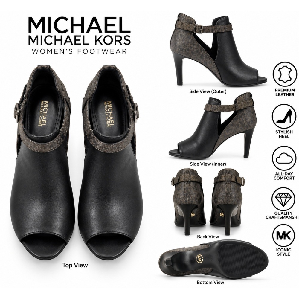 Michael Kors Womens Peep toe Booties Size 5.5 Black Brown Ankle Strap Heel